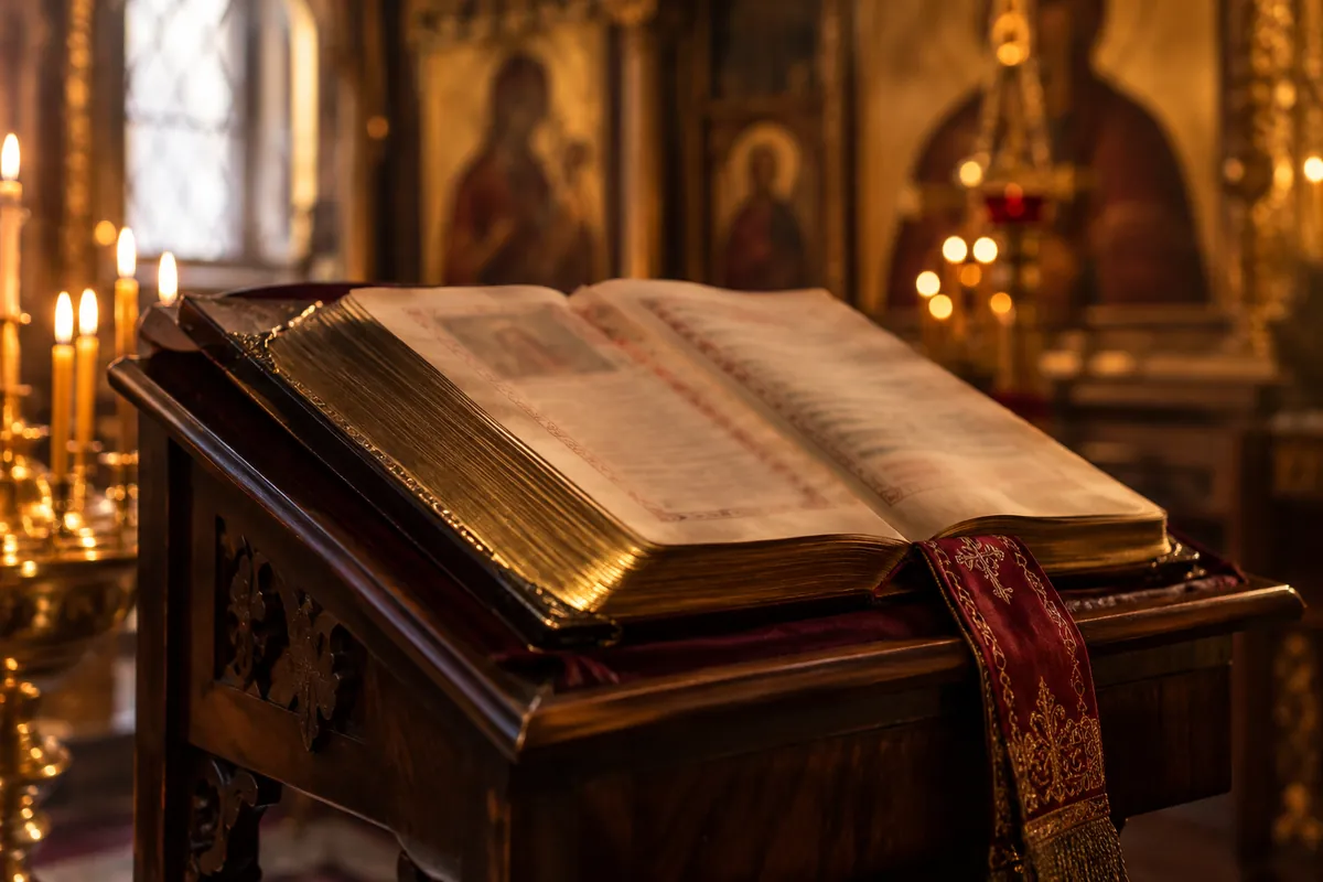 Старинная раскрытая книга на церковном аналое при свечах — акафист Матроне Московской